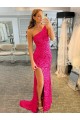 One Shoulder Sweep Train Velvet Sequin Fuchsia Sleeveless Evening Dress Darwin