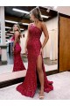 One Shoulder Sweep Train Velvet Sequin Burgundy Sleeveless Evening Dress Darwin