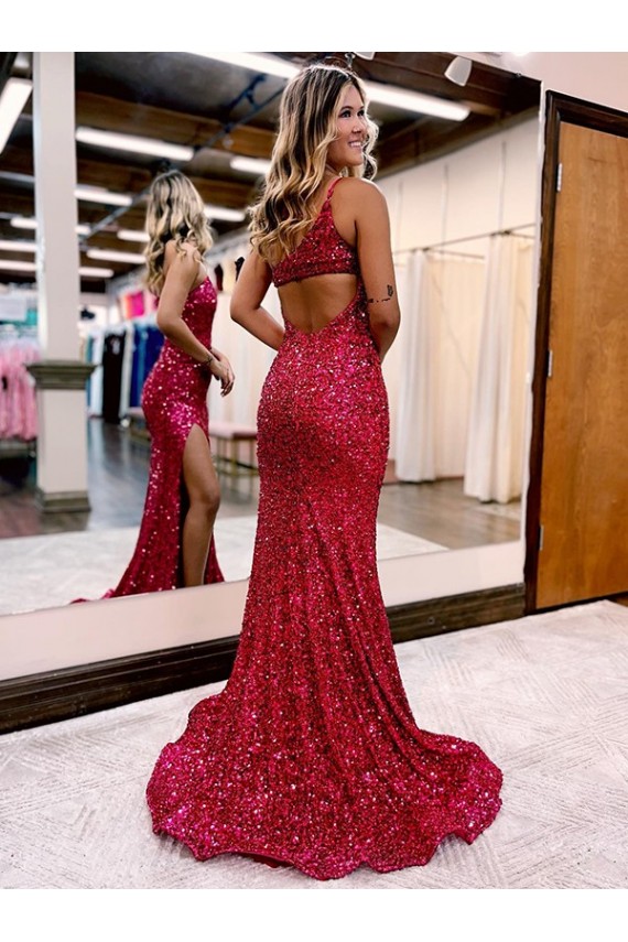 One Shoulder Sweep Train Velvet Sequin Burgundy Sleeveless Evening Dress Darwin