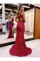 One Shoulder Sweep Train Velvet Sequin Burgundy Sleeveless Evening Dress Darwin