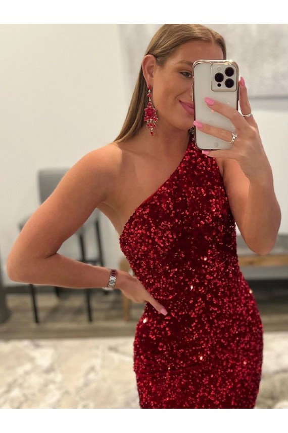 One Shoulder Sweep Train Velvet Sequin Pink Sleeveless Prom Dress Darwin