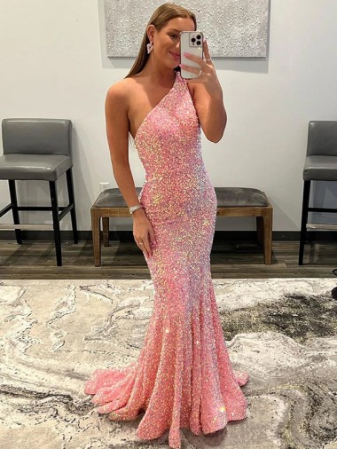 One Shoulder Sweep Train Velvet Sequin Pink Sleeveless Prom Dress Darwin