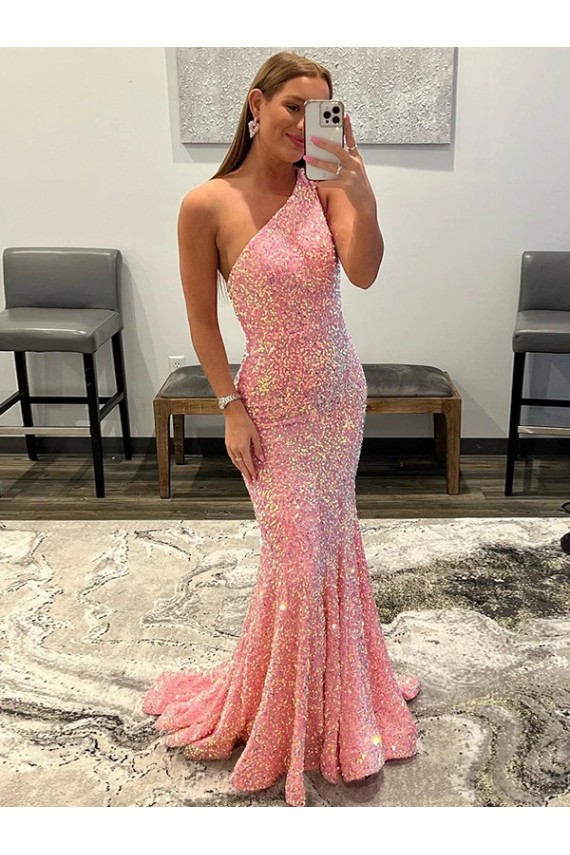 One Shoulder Sweep Train Velvet Sequin Pink Sleeveless Prom Dress Darwin