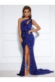 One Shoulder Court Train Velvet Sequin Royal Blue Sleeveless Prom Dress / Evening Dress Darwin