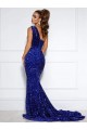 One Shoulder Court Train Velvet Sequin Royal Blue Sleeveless Prom Dress / Evening Dress Darwin