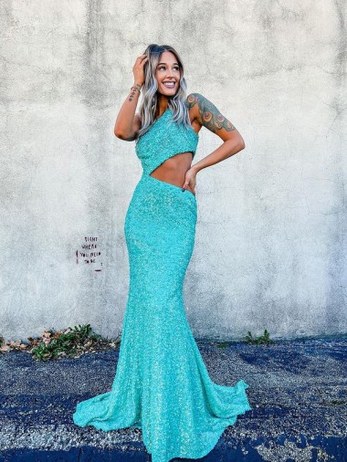 One Shoulder Sweep Train Velvet Sequin Sleeveless Prom Dresses Darwin