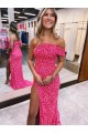One Shoulder Sweep Train Velvet Sequin Fuchsia Sleeveless Evening Gown Darwin