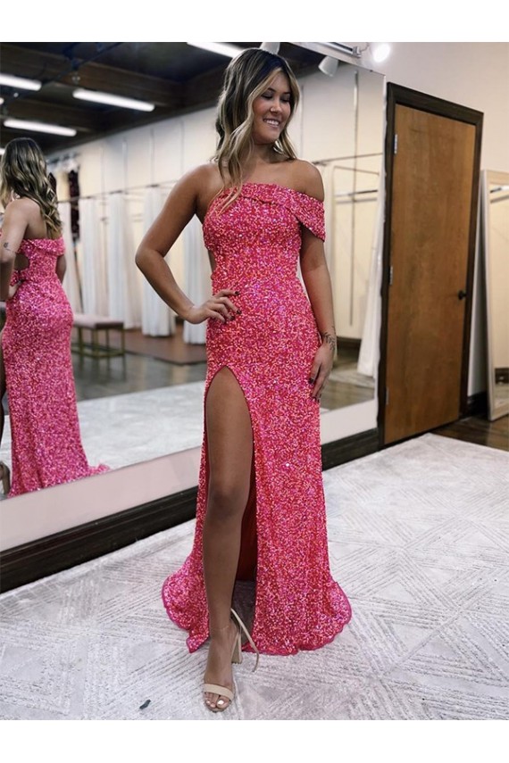 One Shoulder Sweep Train Velvet Sequin Fuchsia Sleeveless Evening Gown Darwin