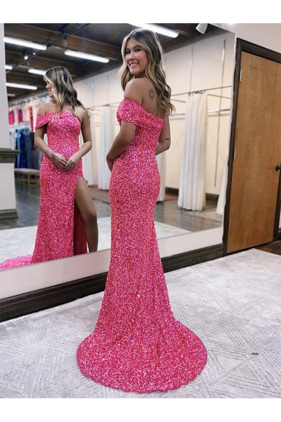One Shoulder Sweep Train Velvet Sequin Fuchsia Sleeveless Evening Gown Darwin