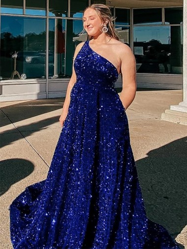 One Shoulder Sweep Train Velvet Sequin Royal Blue Sleeveless Prom Dress / Evening Gown Darwin