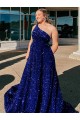 One Shoulder Sweep Train Velvet Sequin Royal Blue Sleeveless Prom Dress / Evening Gown Darwin