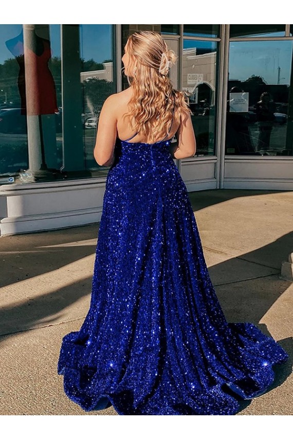 One Shoulder Sweep Train Velvet Sequin Royal Blue Sleeveless Prom Dress / Evening Gown Darwin