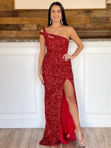 One Shoulder Sweep Train Velvet Sequin Burgundy Sleeveless Prom Dress Darwin