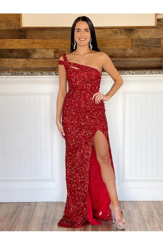 One Shoulder Sweep Train Velvet Sequin Burgundy Sleeveless Prom Dress Darwin