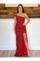 One Shoulder Sweep Train Velvet Sequin Burgundy Sleeveless Prom Dress Darwin