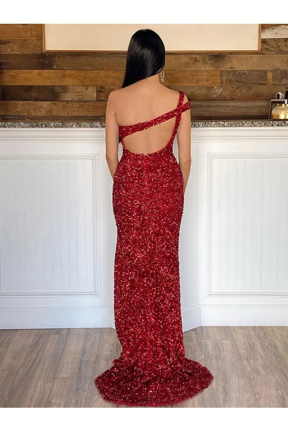 One Shoulder Sweep Train Velvet Sequin Burgundy Sleeveless Prom Dress Darwin