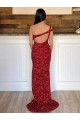 One Shoulder Sweep Train Velvet Sequin Burgundy Sleeveless Prom Dress Darwin