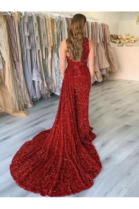 One Shoulder Court Train Velvet Sequin Burgundy Sleeveless Prom Dress Darwin
