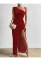 One Shoulder Long Velvet Sequin Red Sleeveless Prom Dress / Evening Dress Darwin