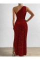 One Shoulder Long Velvet Sequin Red Sleeveless Prom Dress / Evening Dress Darwin