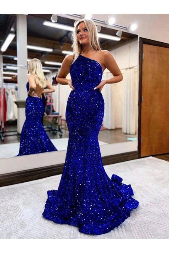 One Shoulder Sweep Train Velvet Sequin Royal Blue Sleeveless Prom Dress Darwin