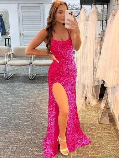Spaghetti Straps Sweep Train Velvet Sequin Fuchsia Sleeveless Prom Dress / Evening Gown Darwin