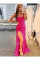 Spaghetti Straps Sweep Train Velvet Sequin Fuchsia Sleeveless Prom Dress / Evening Gown Darwin