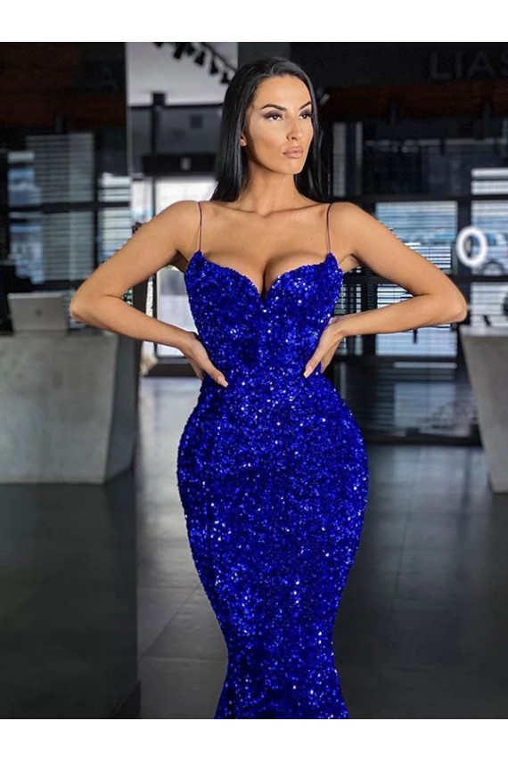Spaghetti Straps Sweep Train Velvet Sequin Royal Blue Sleeveless Evening Gown / Prom Dress Darwin