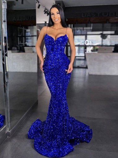 Spaghetti Straps Sweep Train Velvet Sequin Royal Blue Sleeveless Evening Gown / Prom Dress Darwin