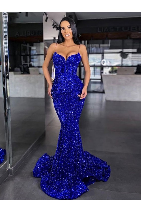 Spaghetti Straps Sweep Train Velvet Sequin Royal Blue Sleeveless Evening Gown / Prom Dress Darwin
