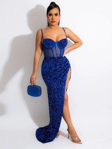 Spaghetti Straps Sweep Train Velvet Sequin Royal Blue Sleeveless Evening Dress Darwin