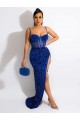 Spaghetti Straps Sweep Train Velvet Sequin Royal Blue Sleeveless Evening Dress Darwin