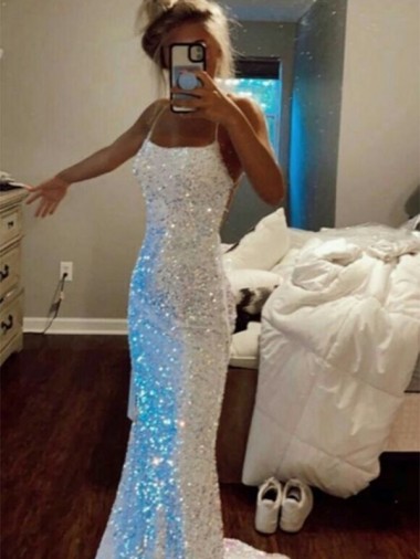 Spaghetti Straps Sweep Train Velvet Sequin Sleeveless Evening Dress Darwin