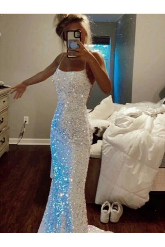 Spaghetti Straps Sweep Train Velvet Sequin Sleeveless Evening Dress Darwin