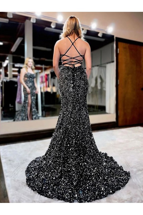 Spaghetti Straps Sweep Train Velvet Sequin Sleeveless Prom Dress Darwin