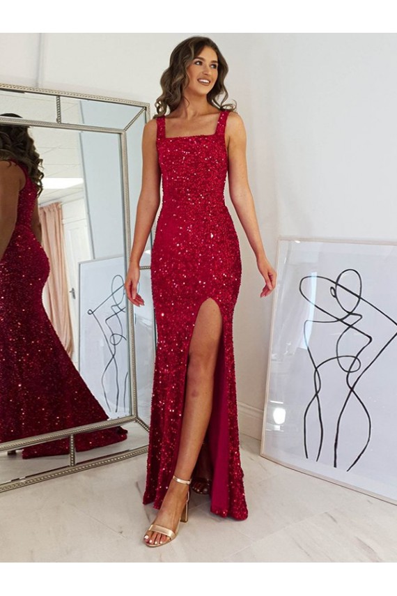 Square Neck Long Velvet Sequin Burgundy Sleeveless Prom Dress Darwin