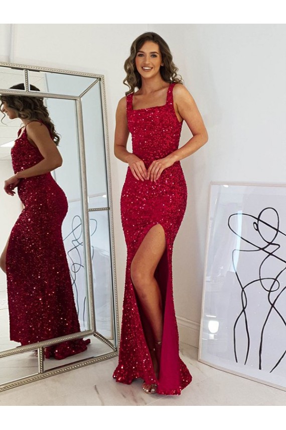 Square Neck Long Velvet Sequin Burgundy Sleeveless Prom Dress Darwin