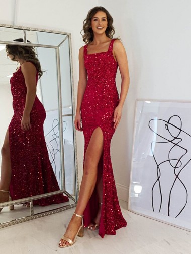 Square Neck Long Velvet Sequin Burgundy Sleeveless Prom Dress Darwin