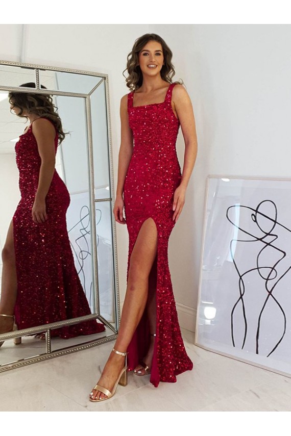 Square Neck Long Velvet Sequin Burgundy Sleeveless Prom Dress Darwin