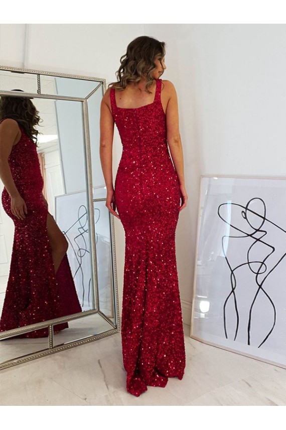 Square Neck Long Velvet Sequin Burgundy Sleeveless Prom Dress Darwin