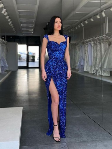 Spaghetti Straps Sweep Train Velvet Sequin Royal Blue Sheath Sleeveless Evening Gown / Prom Dress Darwin