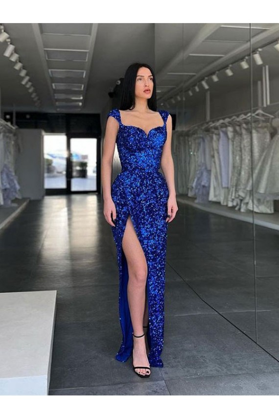 Spaghetti Straps Sweep Train Velvet Sequin Royal Blue Sheath Sleeveless Evening Gown / Prom Dress Darwin