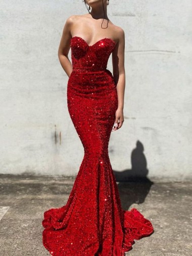 Sweetheart Court Train Velvet Sequin Burgundy Sleeveless Prom Dress / Evening Gown Darwin