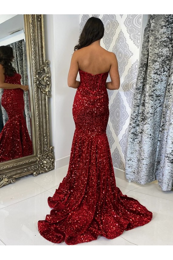 Sweetheart Court Train Velvet Sequin Burgundy Sleeveless Evening Dress Darwin