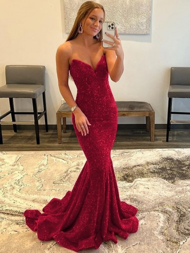 Sweetheart Sweep Train Velvet Sequin Burgundy Sleeveless Prom Dress Darwin