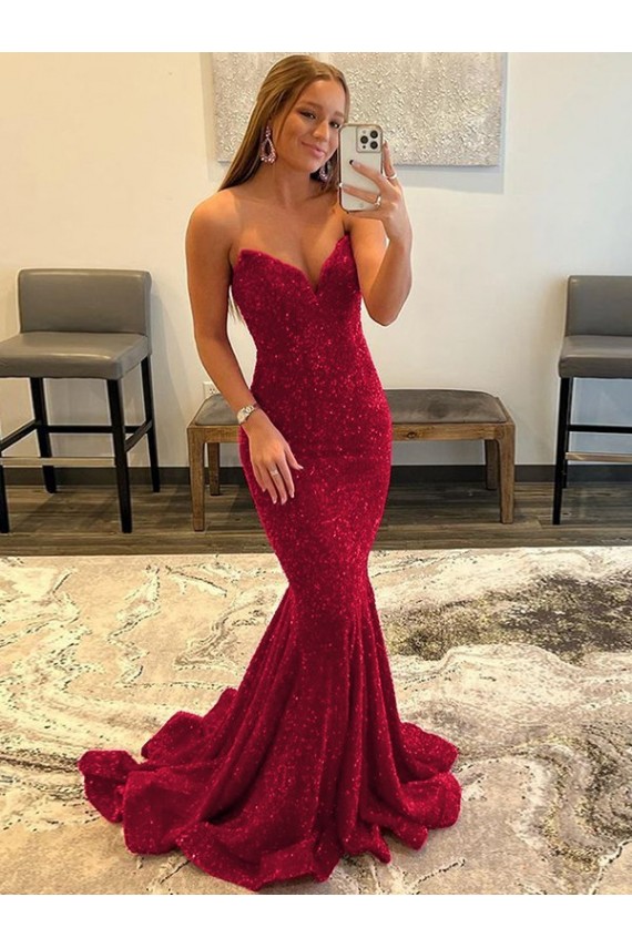 Sweetheart Sweep Train Velvet Sequin Burgundy Sleeveless Prom Dress Darwin