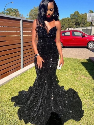 Sweetheart Long Velvet Sequin Black Sleeveless Prom Dress Darwin