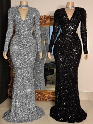 V-Neck Sweep Train Velvet Sequin Black Long Sleeves Prom Dress Darwin
