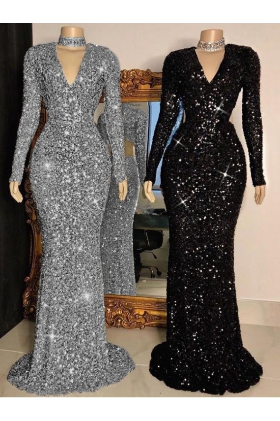 V-Neck Sweep Train Velvet Sequin Black Long Sleeves Prom Dress Darwin