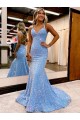 V-Neck Sweep Train Velvet Sequin Periwinkle Sleeveless Evening Gown Darwin